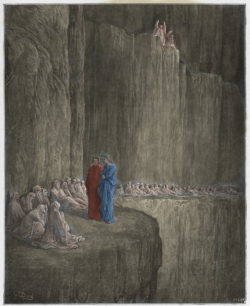 Purgatorio, Canto 13: Sapia oczyszcza swoje winne życie, ilustracja z Boskiej komedii Dantego Alighieri, 1885 (cyfrowo kolorowy grawerunek) autorstwa Gustave after Dore
