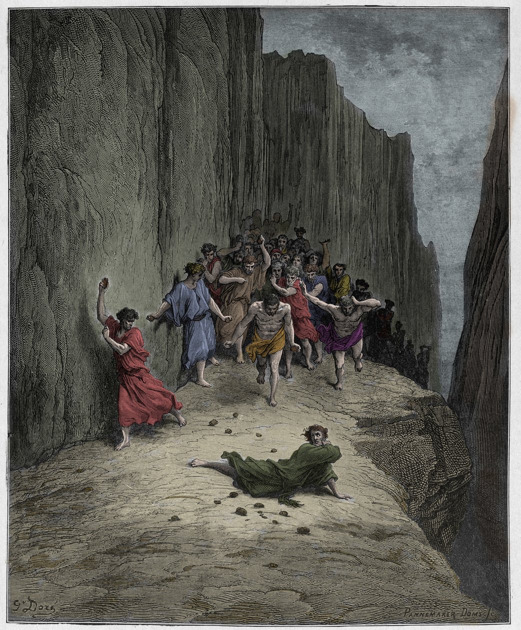 Purgatorio, Canto 15: Wizja Dantego dotycząca ukamienowania Szczepana (św. Etienne), ilustracja z Boskiej komedii autorstwa Dantego Alighieri, 1885 (cyfrowo kolorowane grawerowanie) autorstwa Gustave after Dore