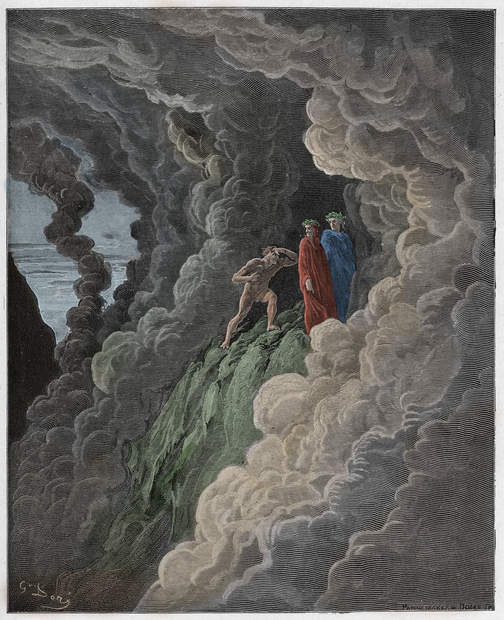Purgatorio, Canto 16 : Marco Lombardo podąża za poetami przez dym, ilustracja z Boskiej komedii autorstwa Dante Alighieri, 1885 (cyfrowo kolorowy grawerunek) autorstwa Gustave after Dore