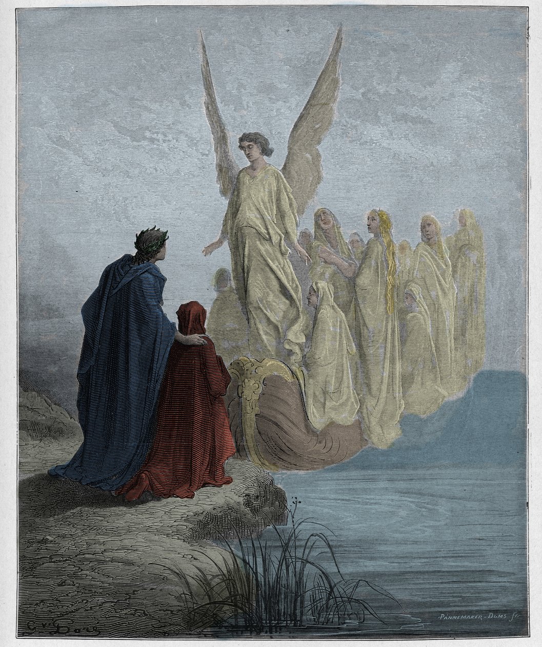 Purgatorio, Canto 2: Niebiański pilot ląduje na łodzi, ilustracja z Boskiej komedii Dantego Alighieri, 1885 (cyfrowo kolorowy grawerunek) autorstwa Gustave after Dore