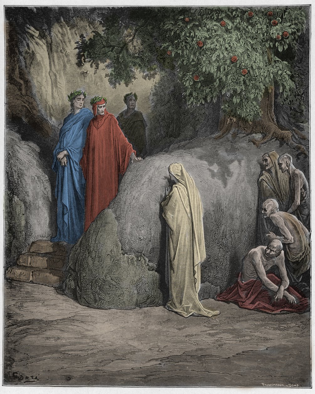 Purgatorio, Canto 23: Dante rozpoznaje cień Forese Donati wśród żarłoków, ilustracja z Boskiej komedii Dantego Alighieri, 1885 (cyfrowo kolorowy grawerunek) autorstwa Gustave after Dore