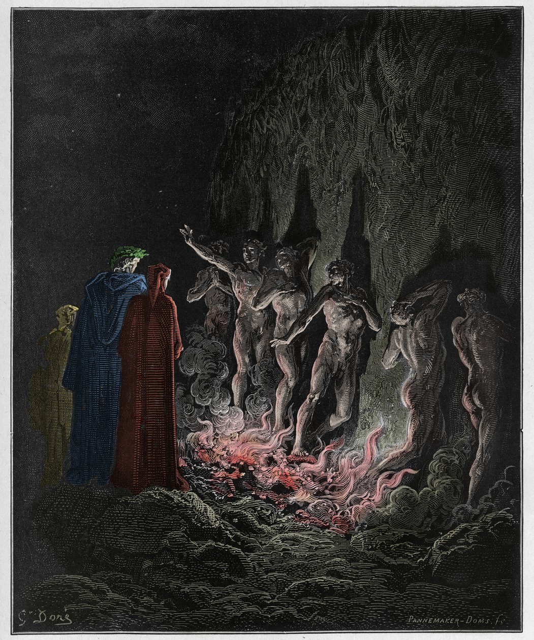 Purgatorio, Canto 25: Pożądliwe przejście przez ogień w siódmym kręgu, ilustracja z Boskiej komedii autorstwa Dante Alighieri, 1885 (cyfrowo kolorowy grawerunek) autorstwa Gustave after Dore