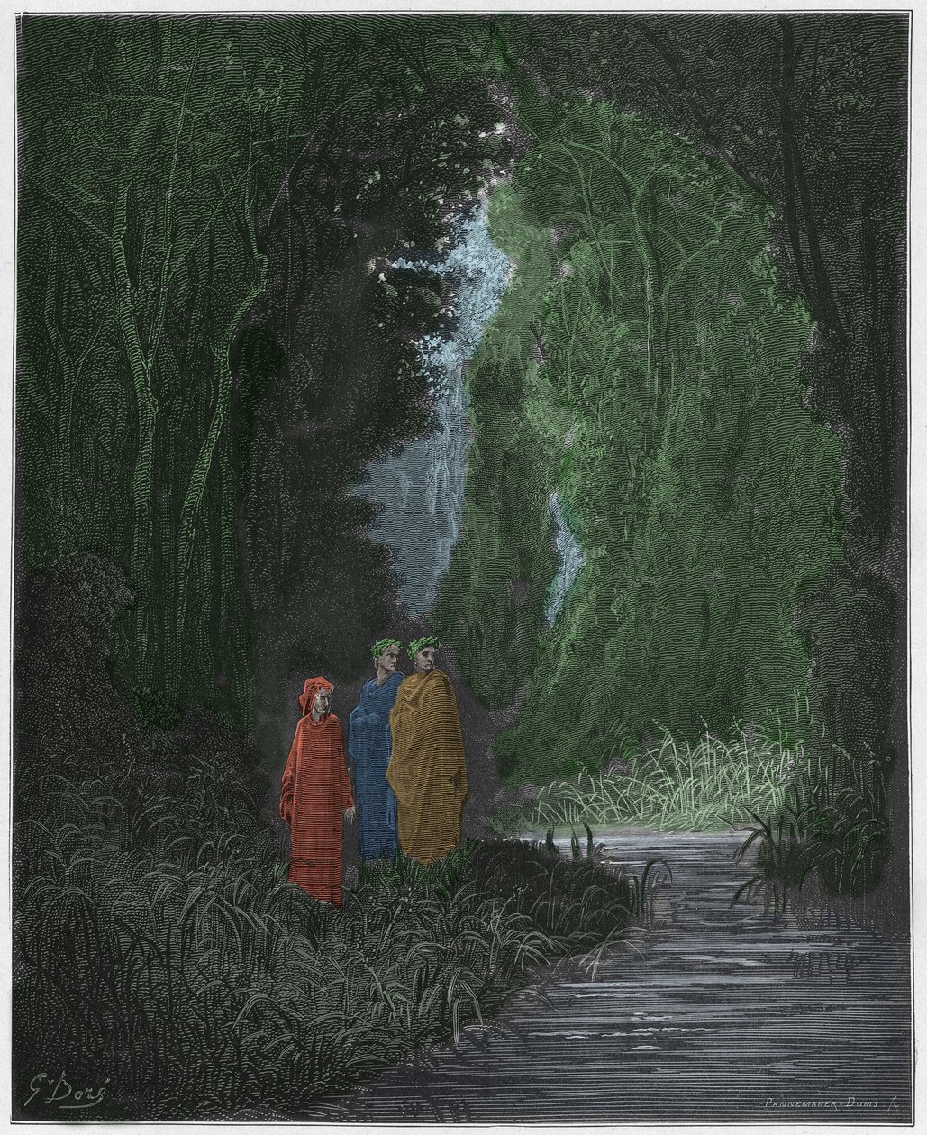 Purgatorio, Canto 28 : Dante, Virgil i Statius (Stace) w starożytnym lesie ziemskiego raju, ilustracja z Boskiej komedii Dantego Alighieri, 1885 (cyfrowo kolorowane grawerowanie) autorstwa Gustave after Dore