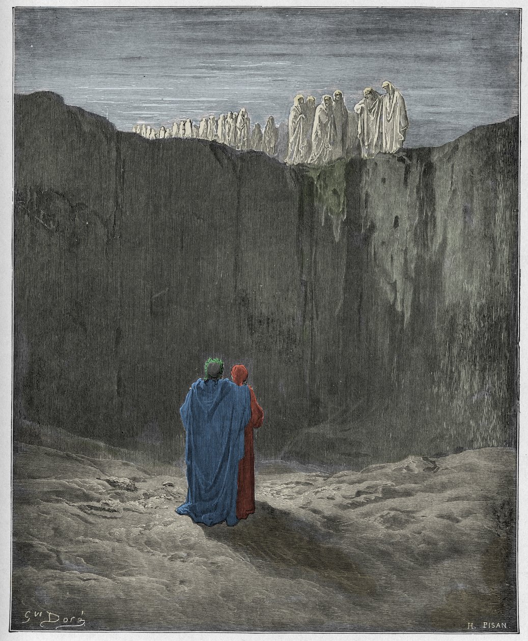 Purgatorio, Canto 3 : Towarzystwo dusz na klifie, ilustracja z Boskiej komedii autorstwa Dante Alighieri, 1885 (cyfrowo kolorowy grawerunek) autorstwa Gustave after Dore