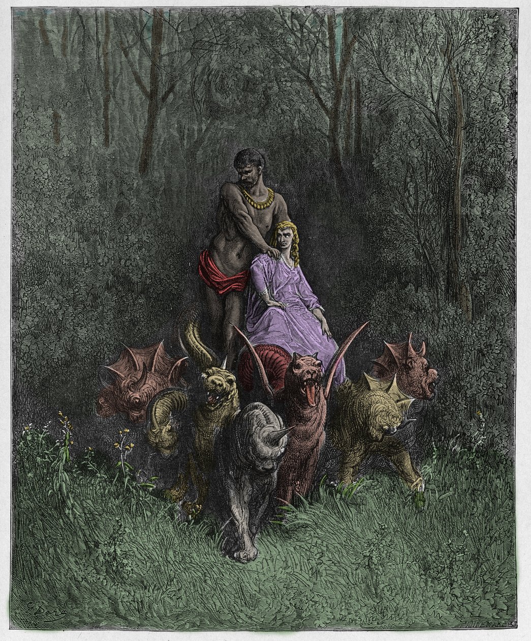 Purgatorio, Canto 32: Olbrzym i nierządnica w rydwanie, ilustracja z Boskiej komedii autorstwa Dante Alighieri, 1885 (cyfrowo kolorowy grawerunek) autorstwa Gustave after Dore