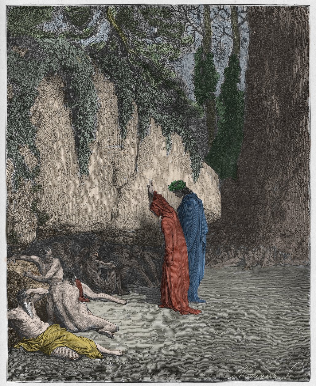 Purgatorio, Canto 4 : Leniwe dusze przy skale, ilustracja z Boskiej komedii Dantego Alighieri, 1885 (cyfrowo kolorowane grawerowanie) autorstwa Gustave after Dore