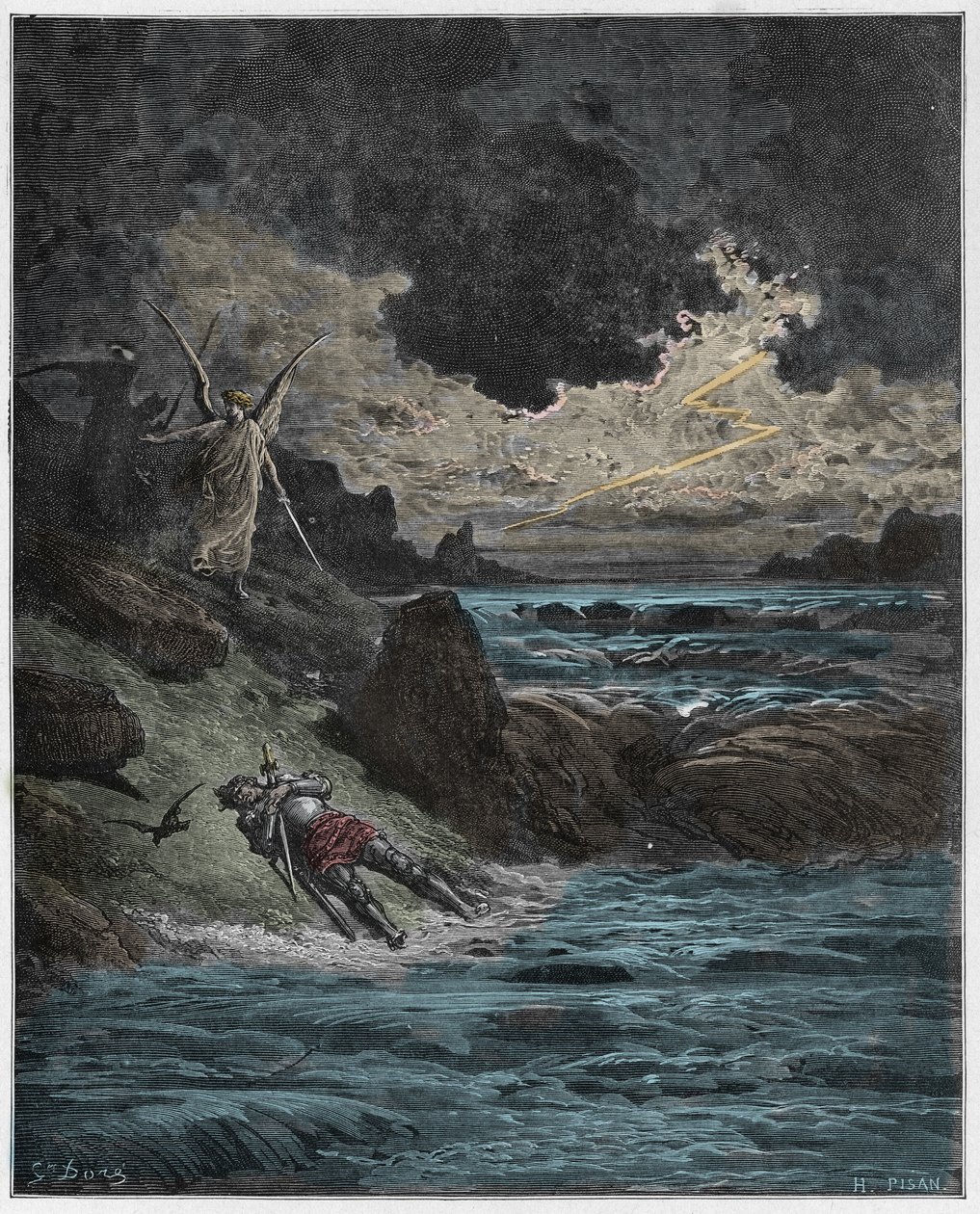 Purgatorio, Canto 5: Ciało Buonconte (Bonconte) da Montefeltro w Arno, ilustracja z Boskiej Komedii Dantego Alighieri, 1885 (rycina kolorowana cyfrowo) autorstwa Gustave after Dore