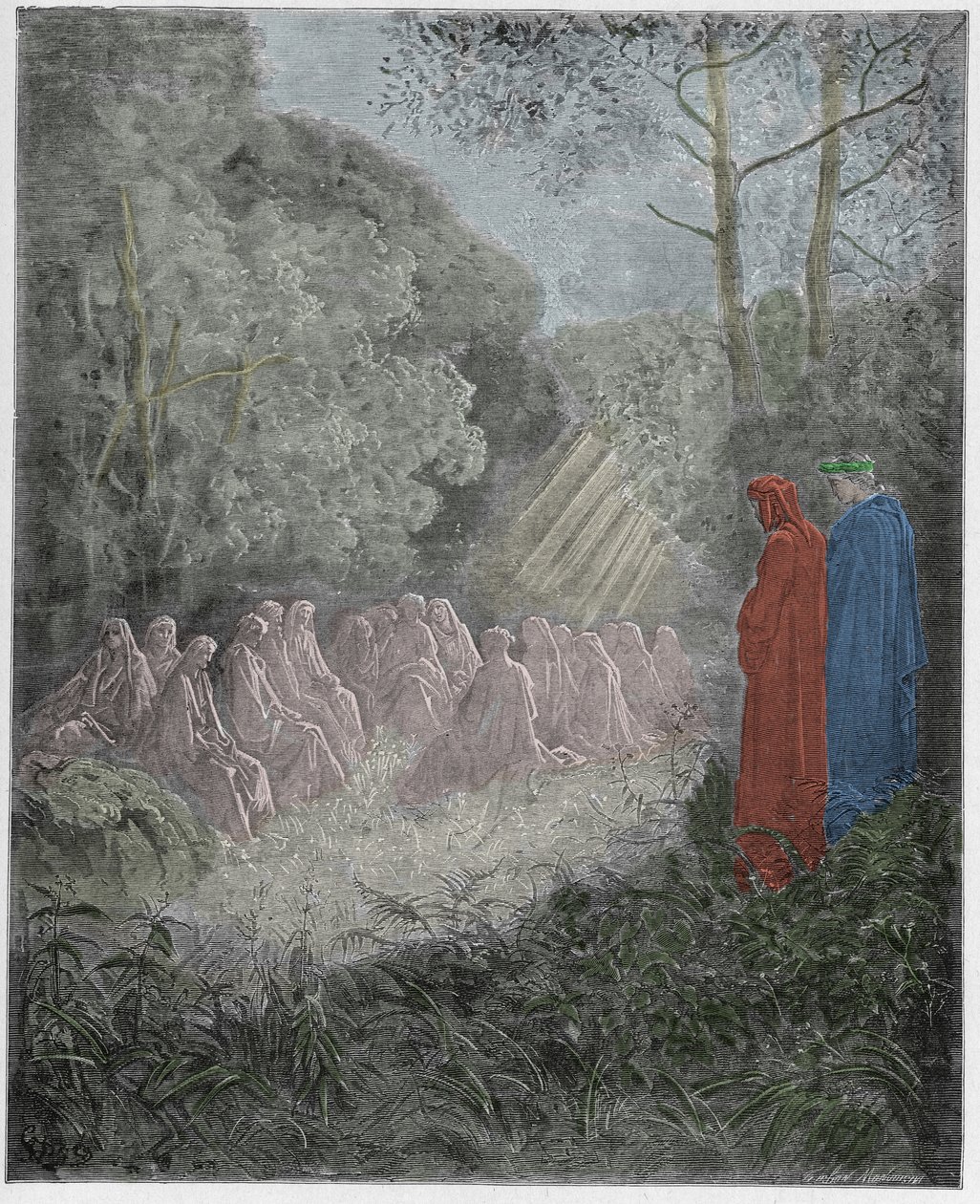 Purgatorio, Canto 7: Duchy śpiewające Salve Regina w dolinie, ilustracja z Boskiej komedii autorstwa Dante Alighieri, 1885 (cyfrowo kolorowane grawerowanie) autorstwa Gustave after Dore