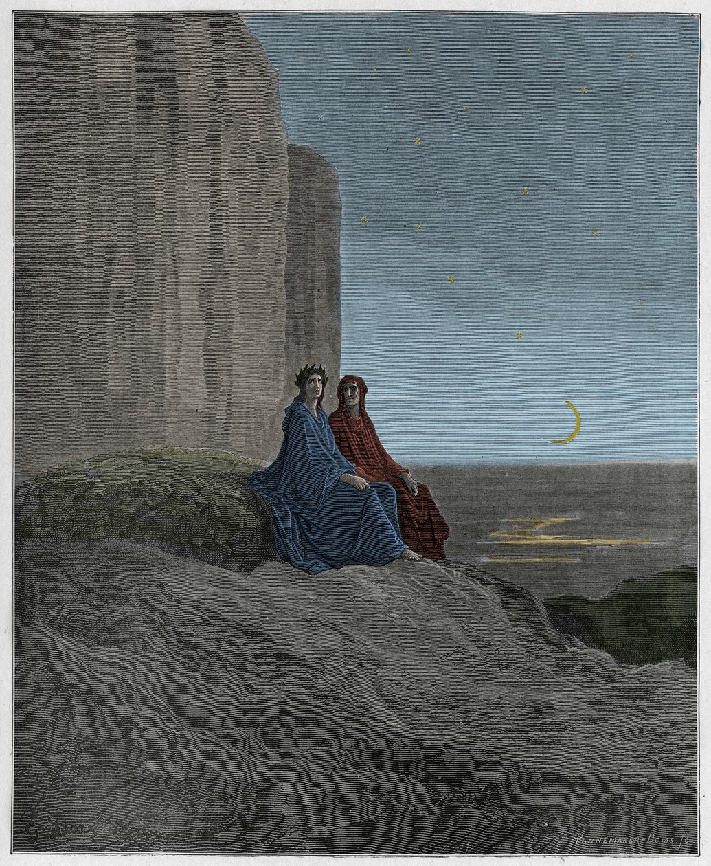 Purgatorio, Canto 9: Zmierzch, ilustracja z Boskiej Komedii Dantego Alighieri, 1885 (rycina kolorowana cyfrowo) autorstwa Gustave after Dore