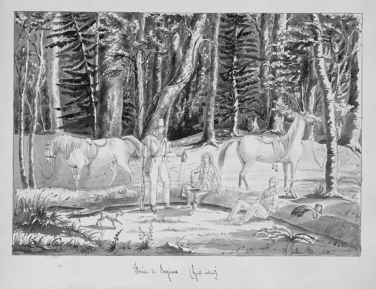 Podróżnicy z indyjskim przewodnikiem w lesie Saginaw, 1831 (pióro i atrament i toaleta na papierze) autorstwa Gustave de Beaumont