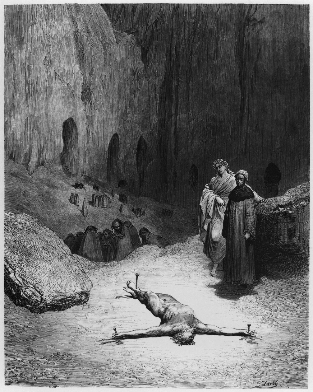 Ukrzyżowany człowiek, ilustracja z „Boskiej komedii” (Piekło) Dante Alighieri (1265-1321) Paryż, publikacja 1885 (rycina) (zdjęcie czarno-białe) autorstwa Gustave (after) Dore