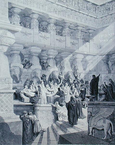 Daniel Interpreting the Writing on the Wall, rycina A. Ligny, ok. 1868 (rycina) autorstwa Gustave (after) Dore