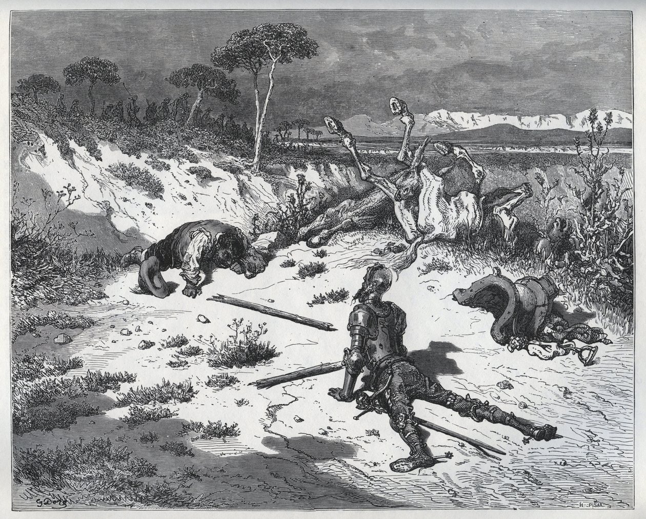 Moralizowanie Don Kichota o niewdzięczności - z „Don Kichota z Manchy” Miguela Cervantesa (1547-1616) (Don Kichota) - Drzeworyt wg rysunku Gustave