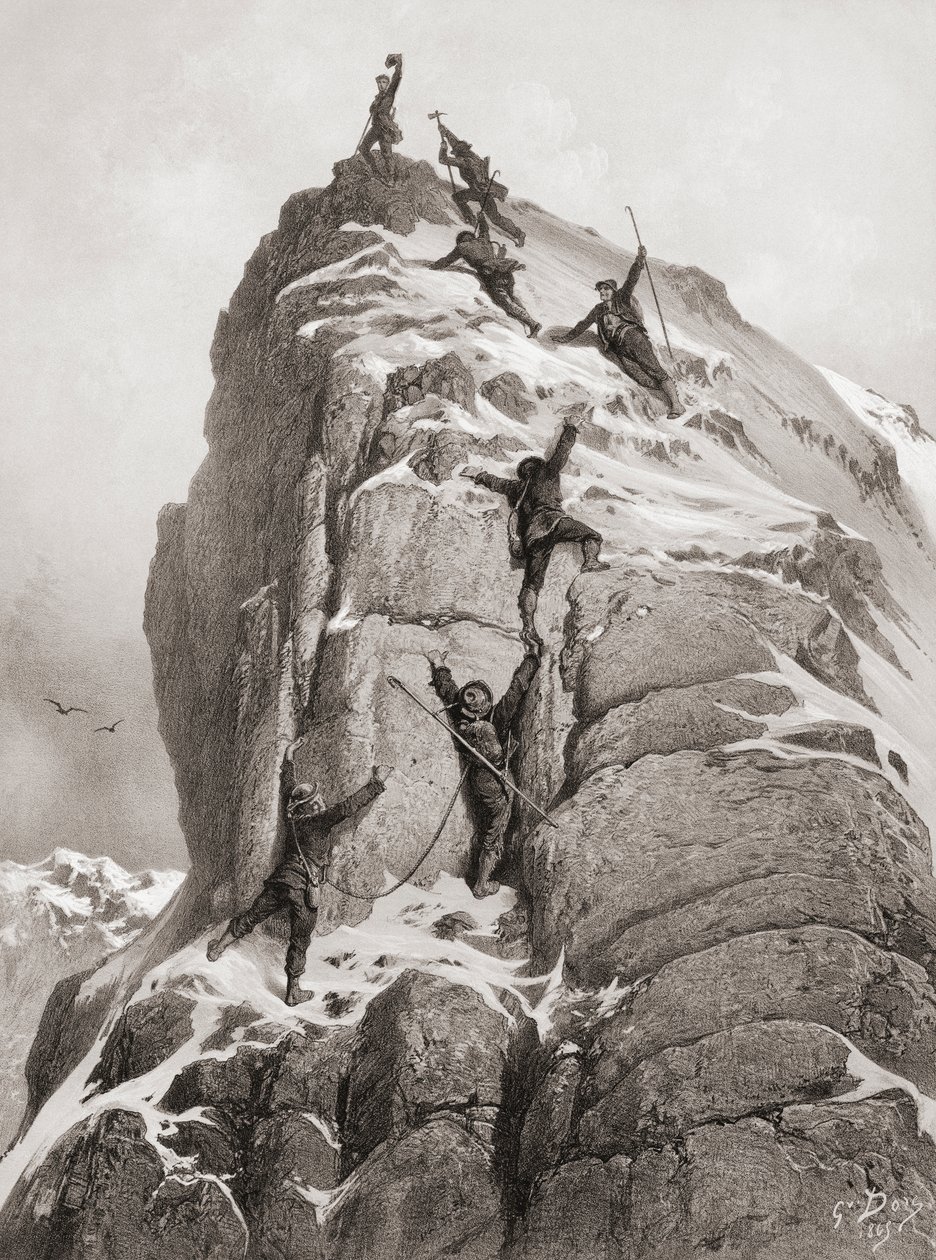 Pierwsze wejście na Matterhorn (rycina) autorstwa Gustave (after) Dore
