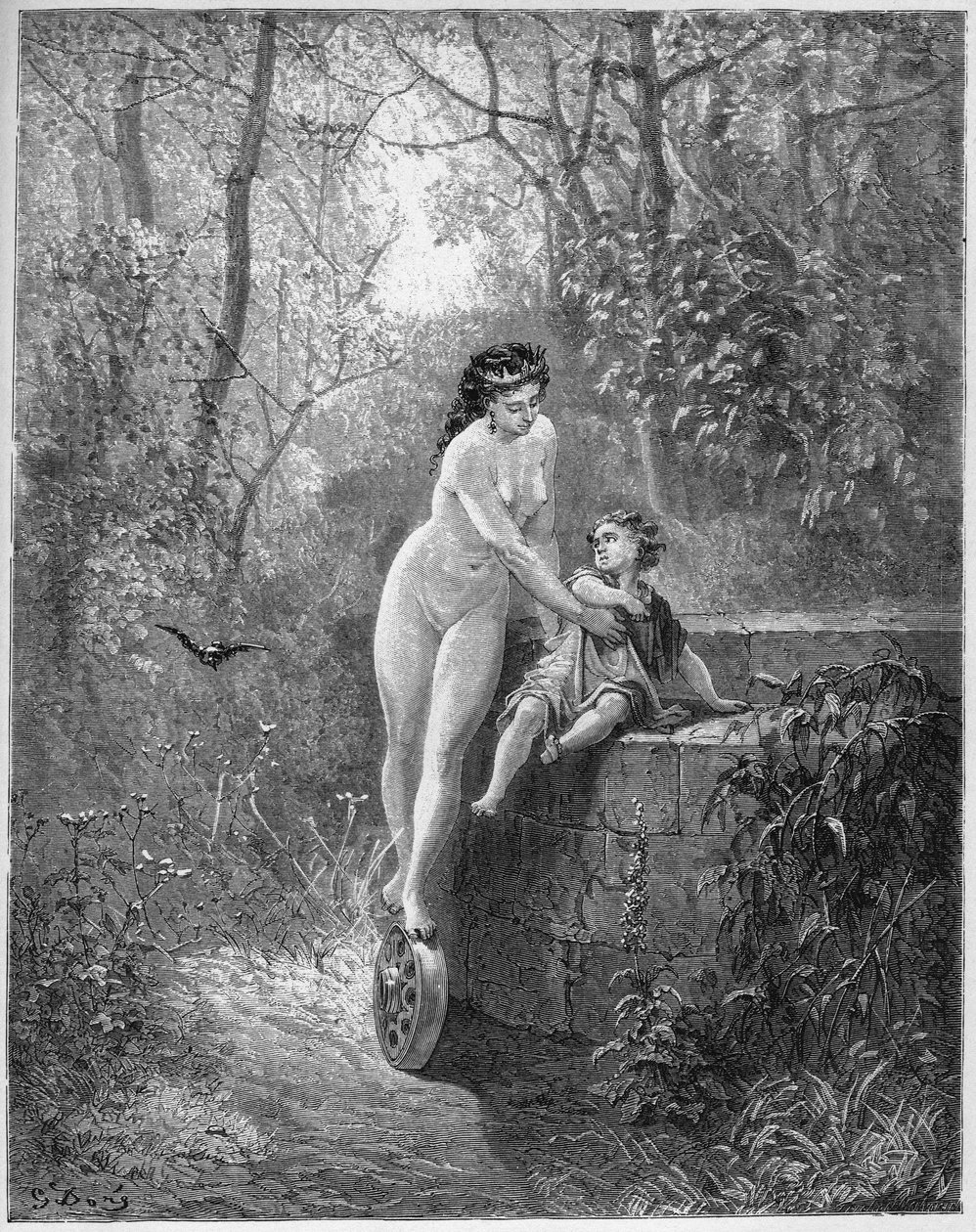 La Fortune et le jeune Enfant - Bogini Fortuny ratuje małe dziecko ze studni - z „Bajek” Jeana de La Fontaine (Lafontaine) (1621-95) - rycina wg Gustave
