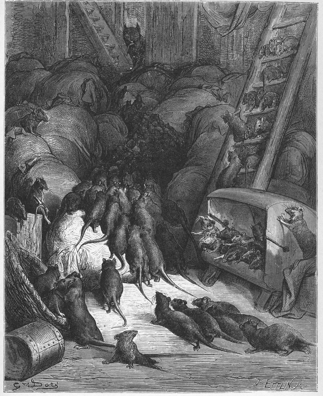 La Ligue des rats - Liga szczurów - z „Bajek” Jeana de La Fontaine (Lafontaine) (1621-95) - grawer wg Gustave