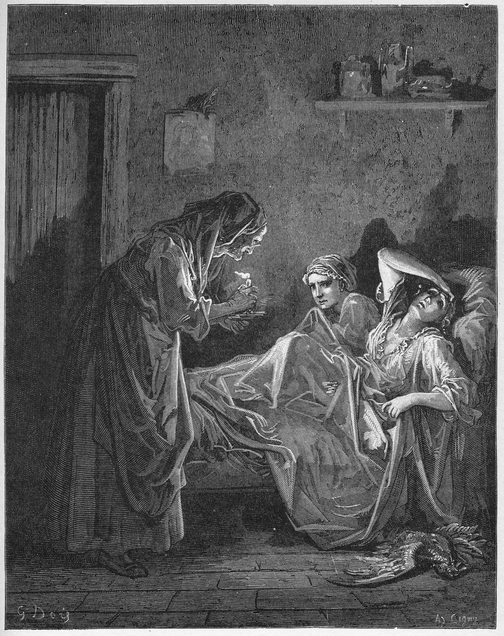 La Vieille et les deux Servantes - Stara kobieta i jej dwie służące - z "Bajek" Jeana de La Fontaine (Lafontaine) (1621-95) - rycina wg Gustave