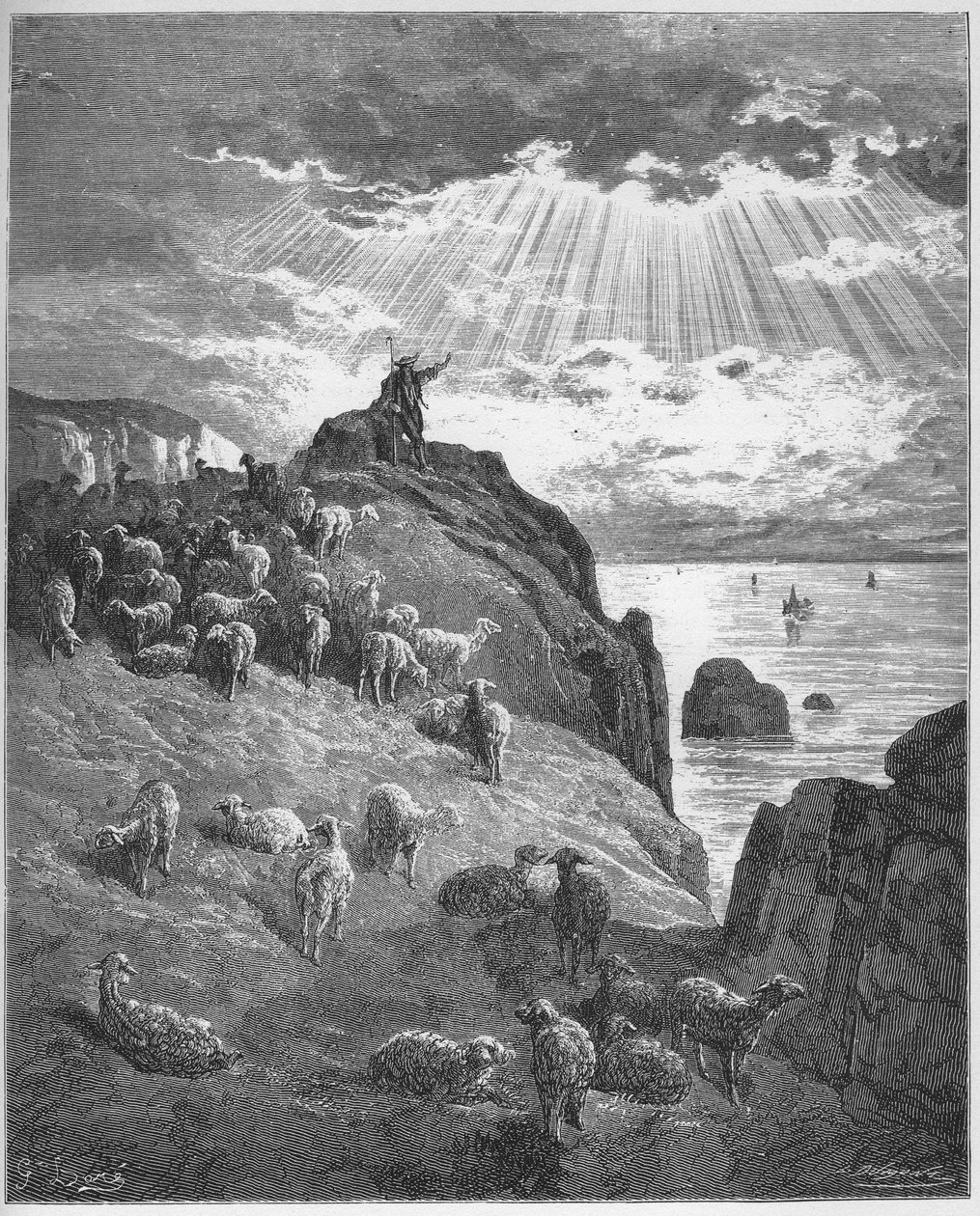 Le berger et la mer - Pasterz i morze - z "Bajek" Jeana de La Fontaine (Lafontaine) (1621-95) - rycina wg Gustave