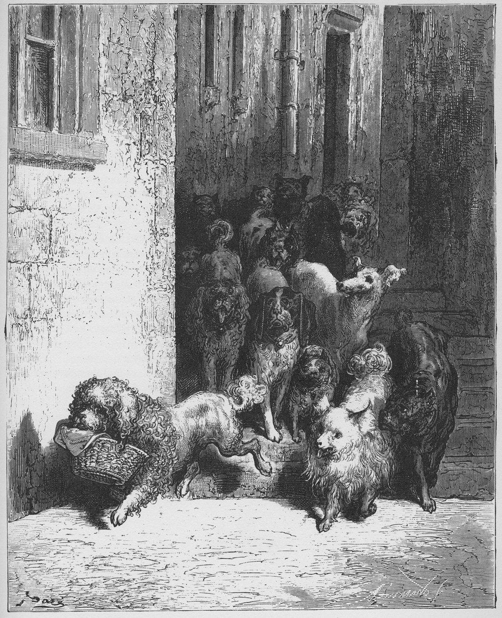 „Pies, który niesie na szyi obiad swojego Pana”. Fabeln, La Fontaine (1621 - 1695), Stich von Gustave Doré (1823 - 1883) autorstwa Gustave (after) Dore