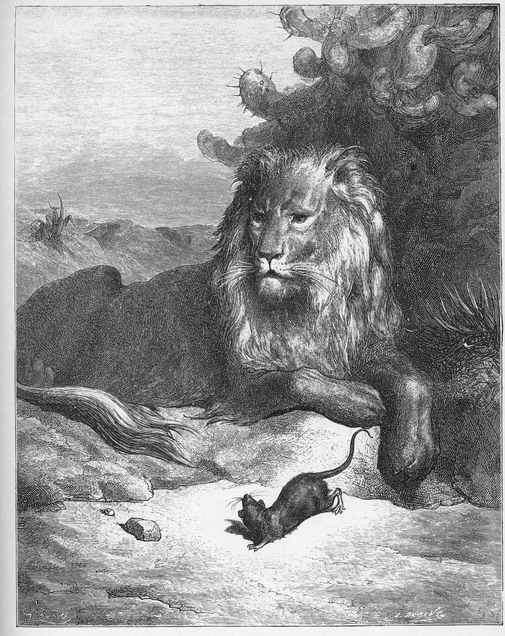 Le lion et le rat - Lew i mysz - z "Bajek" Jeana de La Fontaine (Lafontaine) (1621-95) - rycina wg Gustave