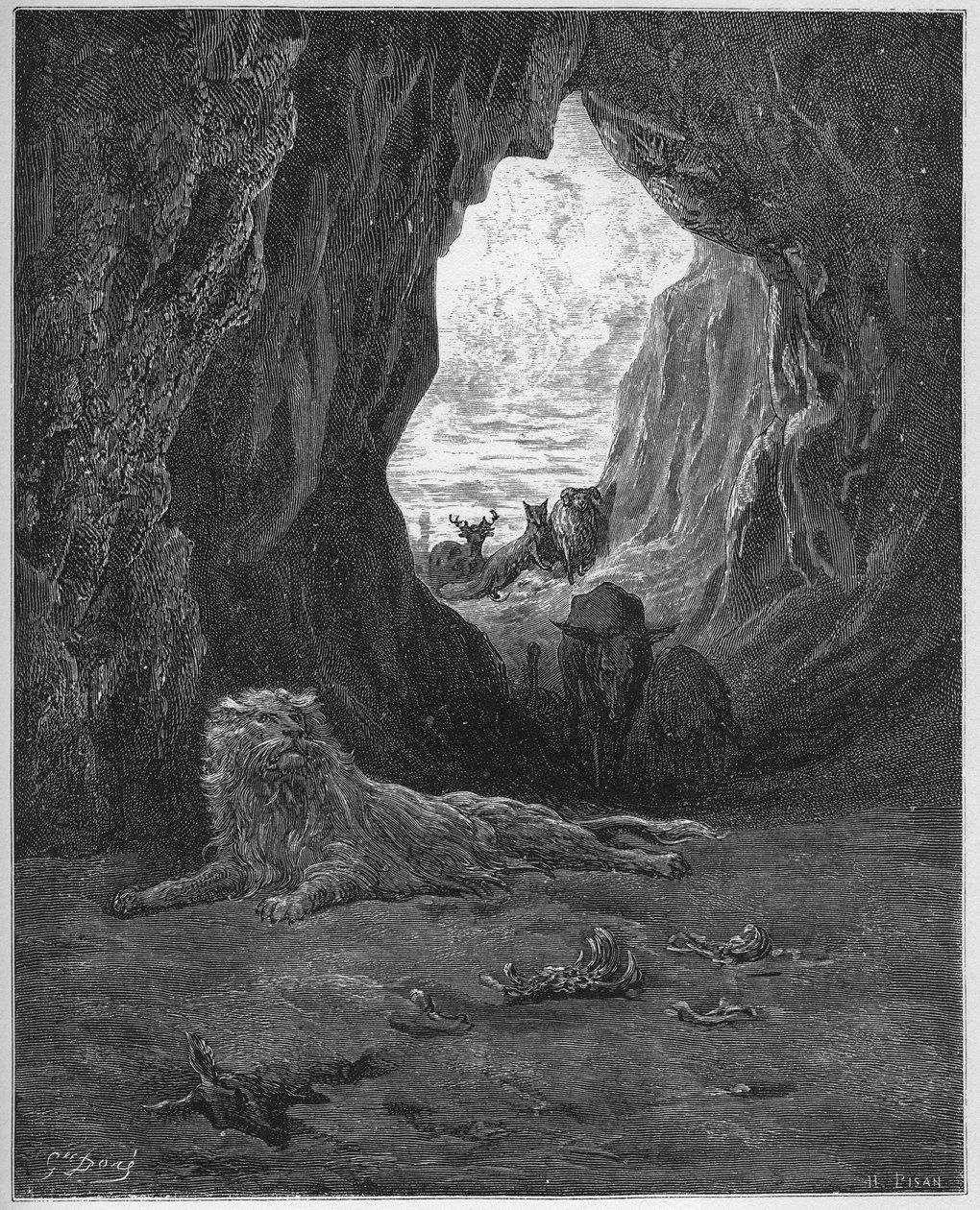 Le lion malade et le fox - Lis i chory lew - z "Bajek" Jeana de La Fontaine (Lafontaine) (1621-95) - grawerowanie wg Gustave