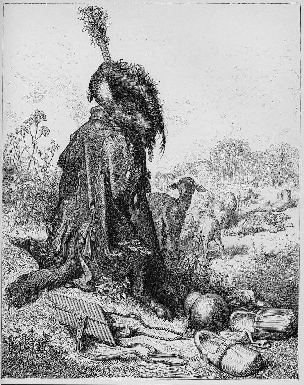 Le loup devenu berger - Wilk, który grał pasterza - z "Bajek" Jeana de La Fontaine (Lafontaine) (1621-95) - rycina wg Gustave