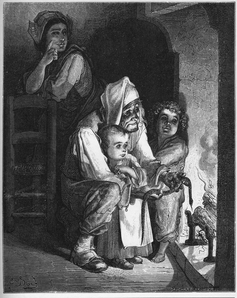Wieśniak i wąż - Rolnik i żmija - z "Bajek" Jeana de La Fontaine (Lafontaine) (1621-95) - rycina wg Gustave