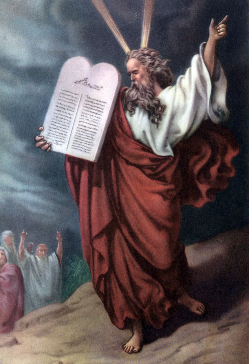 Mojżesz i tablice Prawa, c; 1950 (pocztówka) autorstwa Gustave (after) Dore