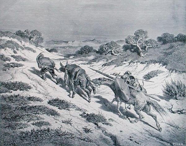 Rycerz bity i jego giermek, z „Don Kichota z Manchy” Miguela Cervantesa (1547-1616) rytego przez Heliodore Josepha Pisana (1822-90) c.1868 (rycina) autorstwa Gustave (after) Dore