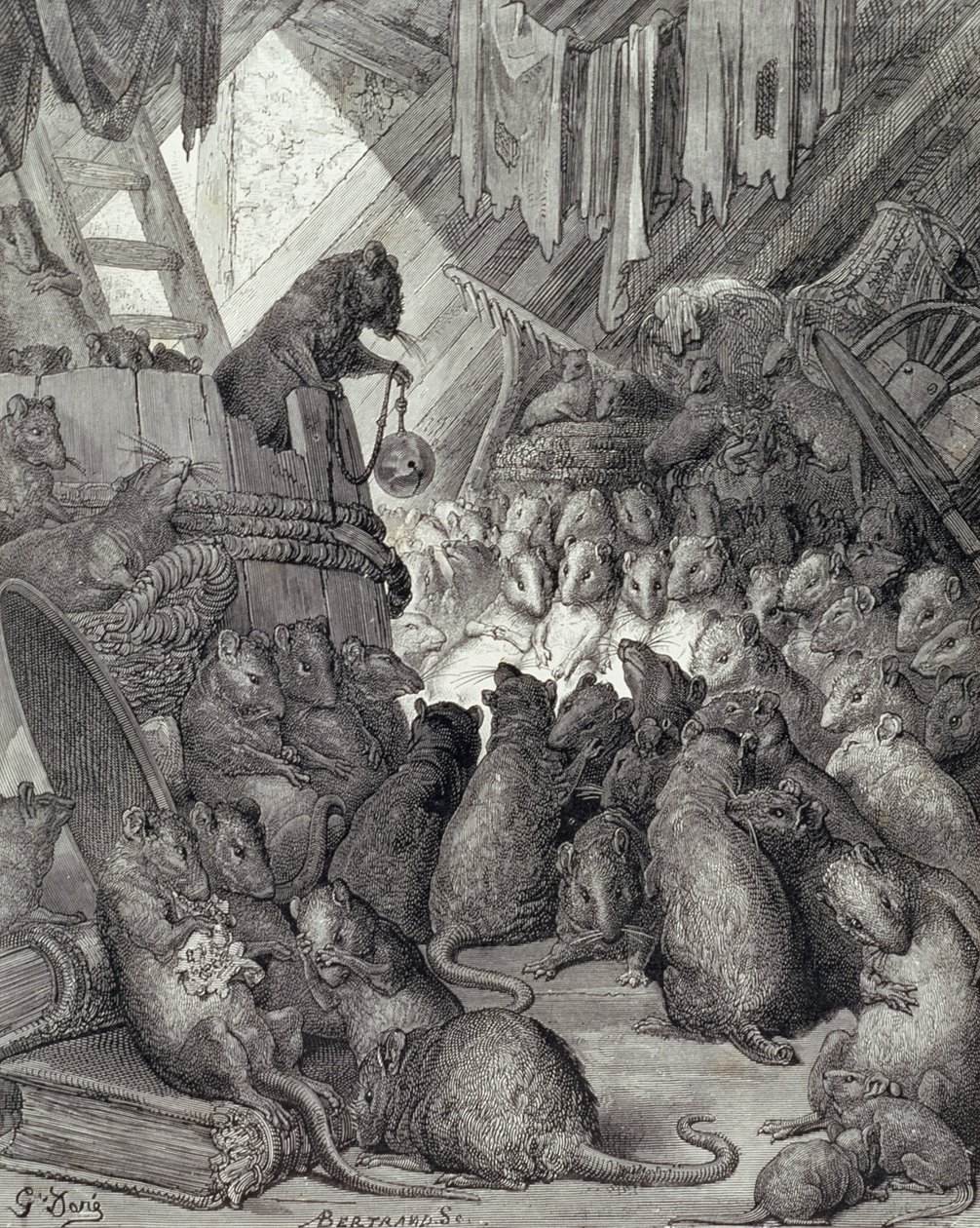 Rada trzymana przez szczury, z bajek La Fontaine, wyryte przez Antoine Valerie Bertrand (ur. 1823) c.1868 (grawerowanie) autorstwa Gustave (after) Dore