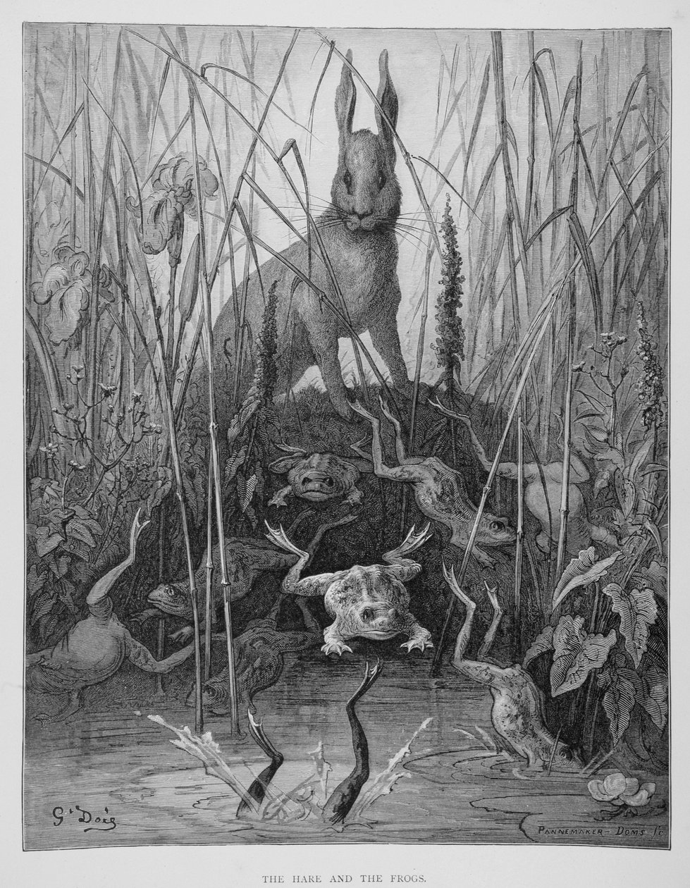 Zając i żaby, z „Bajek” La Fontaine, rycina Stephane Pannemaker (1847-1930) c.1868 (rycina) autorstwa Gustave (after) Dore
