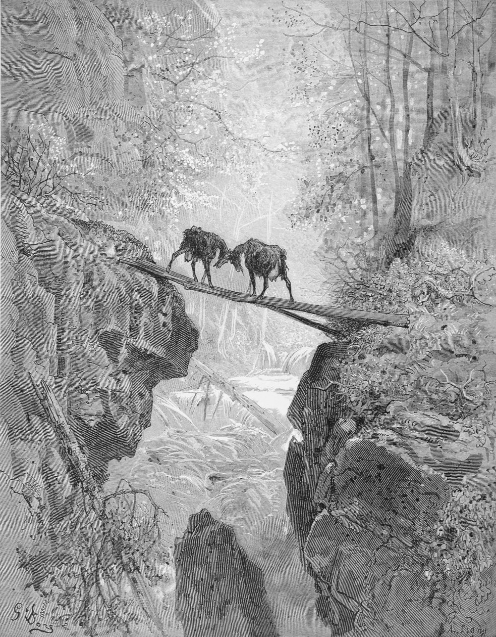 Dwie kozy z „Bajek” La Fontaine, sztych. A. Ligny, ok. 1868 (rycina) autorstwa Gustave (after) Dore