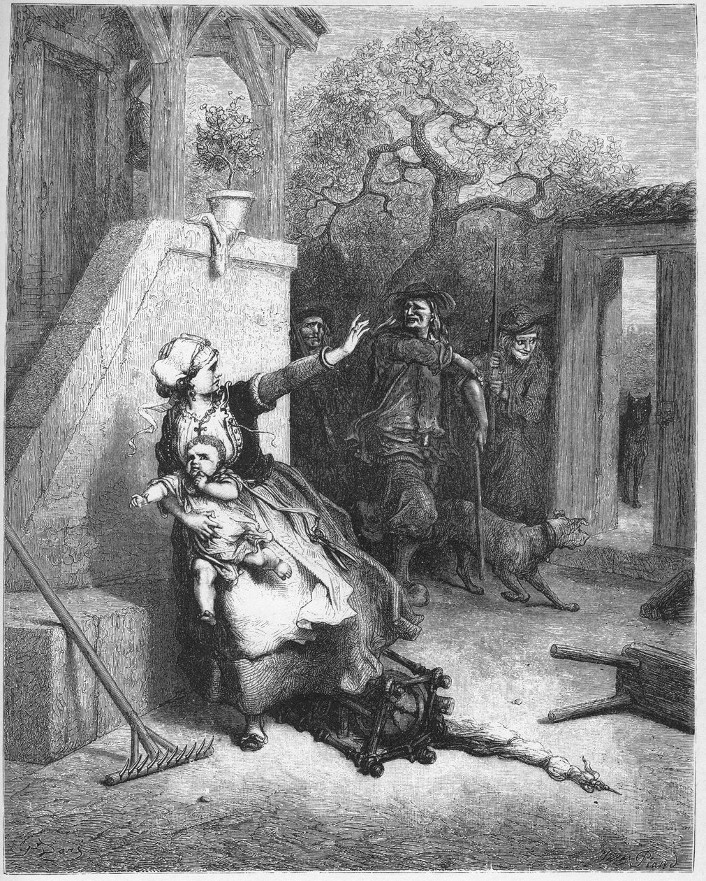Wilk, matka i jej dziecko - z "Bajek" Jeana de La Fontaine (Lafontaine) (1621-95) - rycina wg Gustave