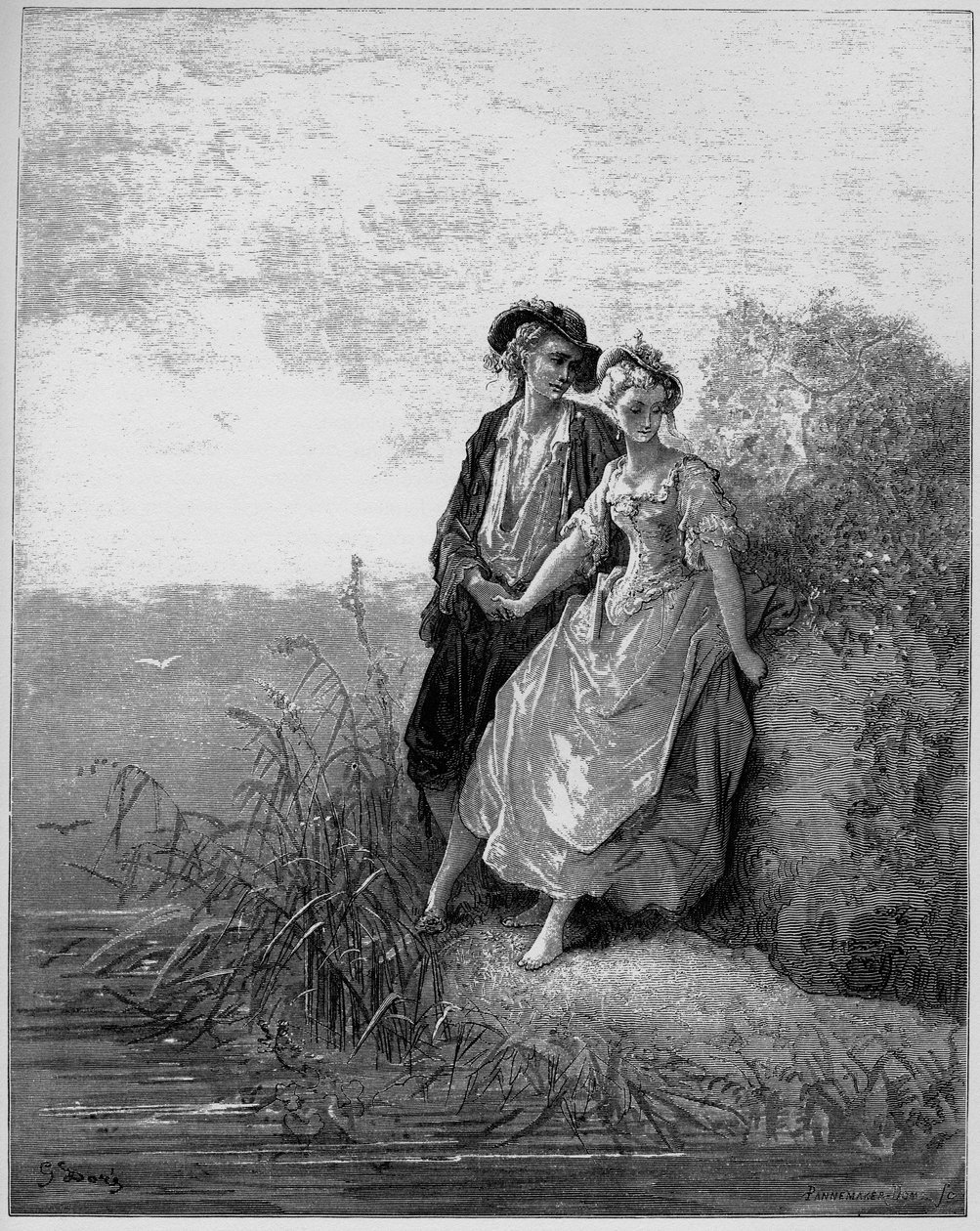 Tircis et Amarante - Tircis and Amarant - (Pasterz i pasterka) - z "Bajek" Jeana de La Fontaine (Lafontaine) (1621-95) - rycina wg Gustave