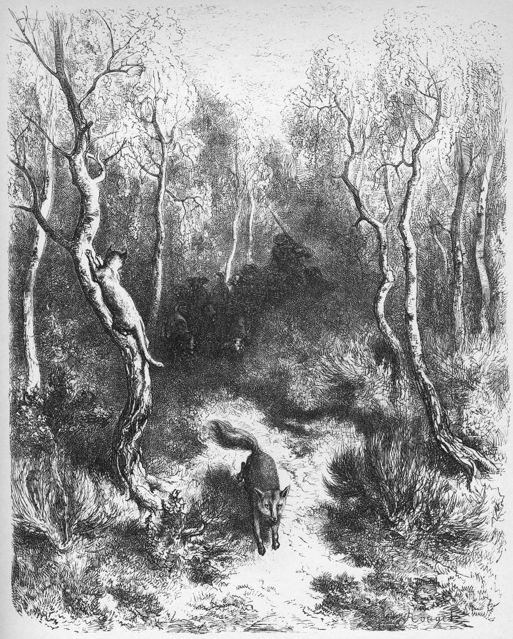 le chat et le fox - Lis i kot - z "Bajek" Jeana de La Fontaine (Lafontaine) (1621-95) - grawerowanie wg Gustave