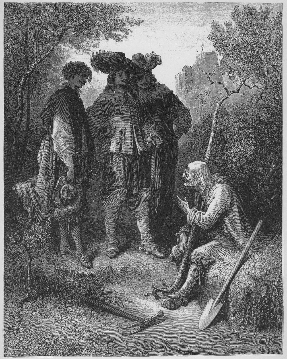 starzec i trzej młodzi mężczyźni - starzec i trzej młodzieńcy - z „Bajek” Jeana de La Fontaine (Lafontaine) (1621-95) - rycina wg Gustave