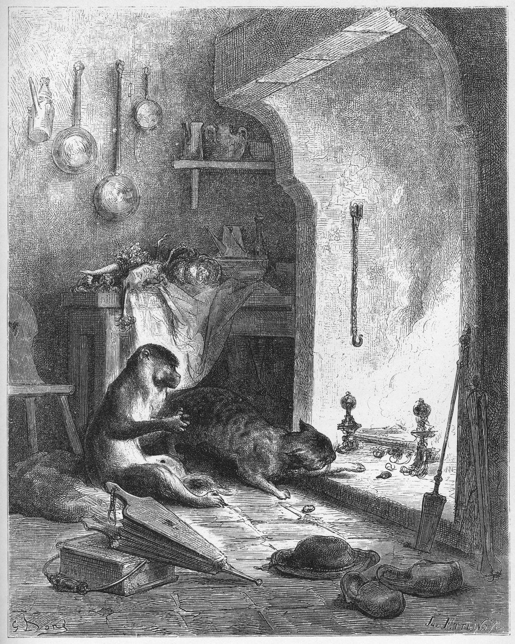 małpa i kot - z "Bajek" Jeana de La Fontaine (Lafontaine) (1621-95) - rycina wg Gustave