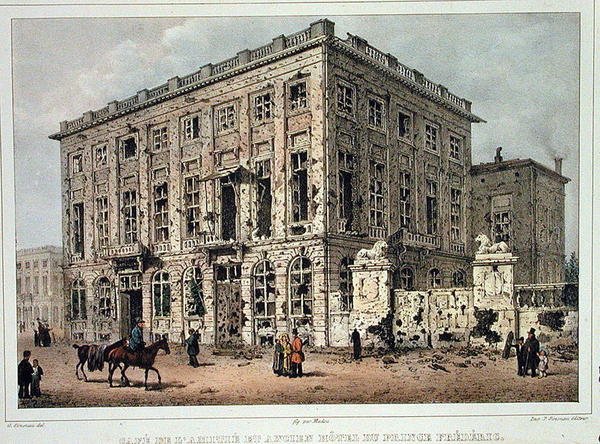 Cafe Amitie i Old Hotel du Prince Frederic, Bruksela, po walkach 23-26 września 1830 r., ryt Jean Baptiste Madou (1796-1877) (kolorowa rycina) autorstwa Gustave Adolphe (after) Simoneau