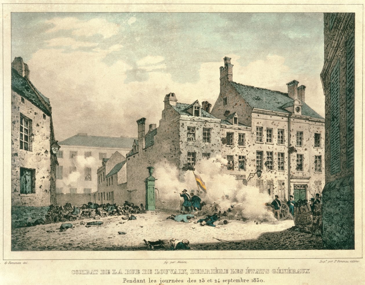 Walka na Rue de Louvain, Bruksela, Za Etats Generaux, 23-24 września 1830, rycina Jean Baptiste Madou (1796-1877) autorstwa Gustave Adolphe after Simoneau