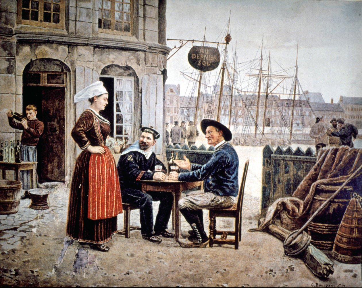 2 mężczyzn (żeglarz i bretoński rybak) w barze rozmawiają z bretońską kelnerką, Saint Malo autorstwa Gustave Bourgain