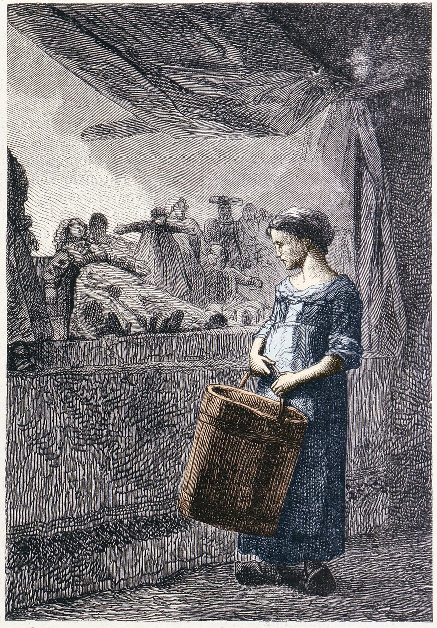 Cosette przed sklepem z zabawkami - w „Les Miserables” Victora Hugo, il. przez Briona, wyd. Hetzel i Lacroix autorstwa Gustave Brion