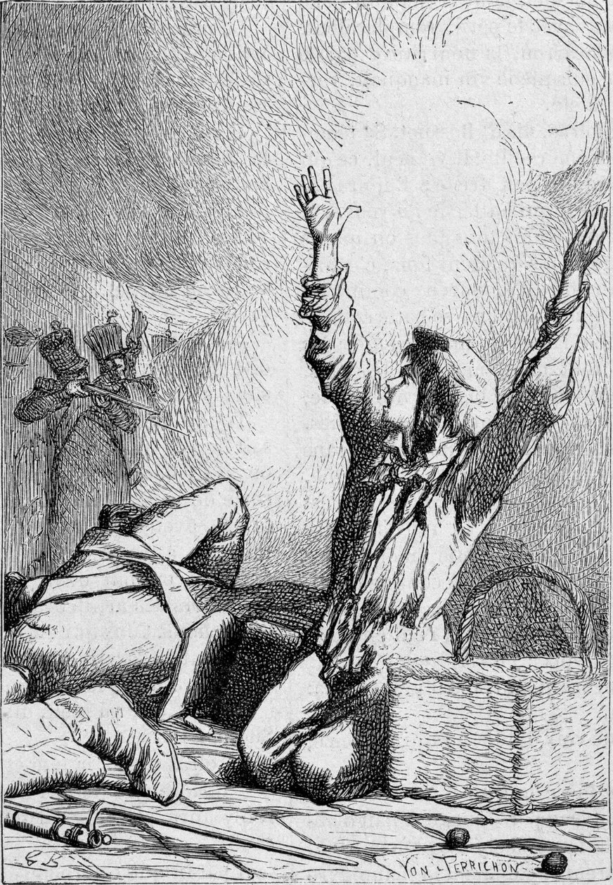 Gavroche spada na barykady – w „Les Miserables” Victora Hugo, chor. przez Briona, wyd. Hetzel i Lacroix autorstwa Gustave Brion