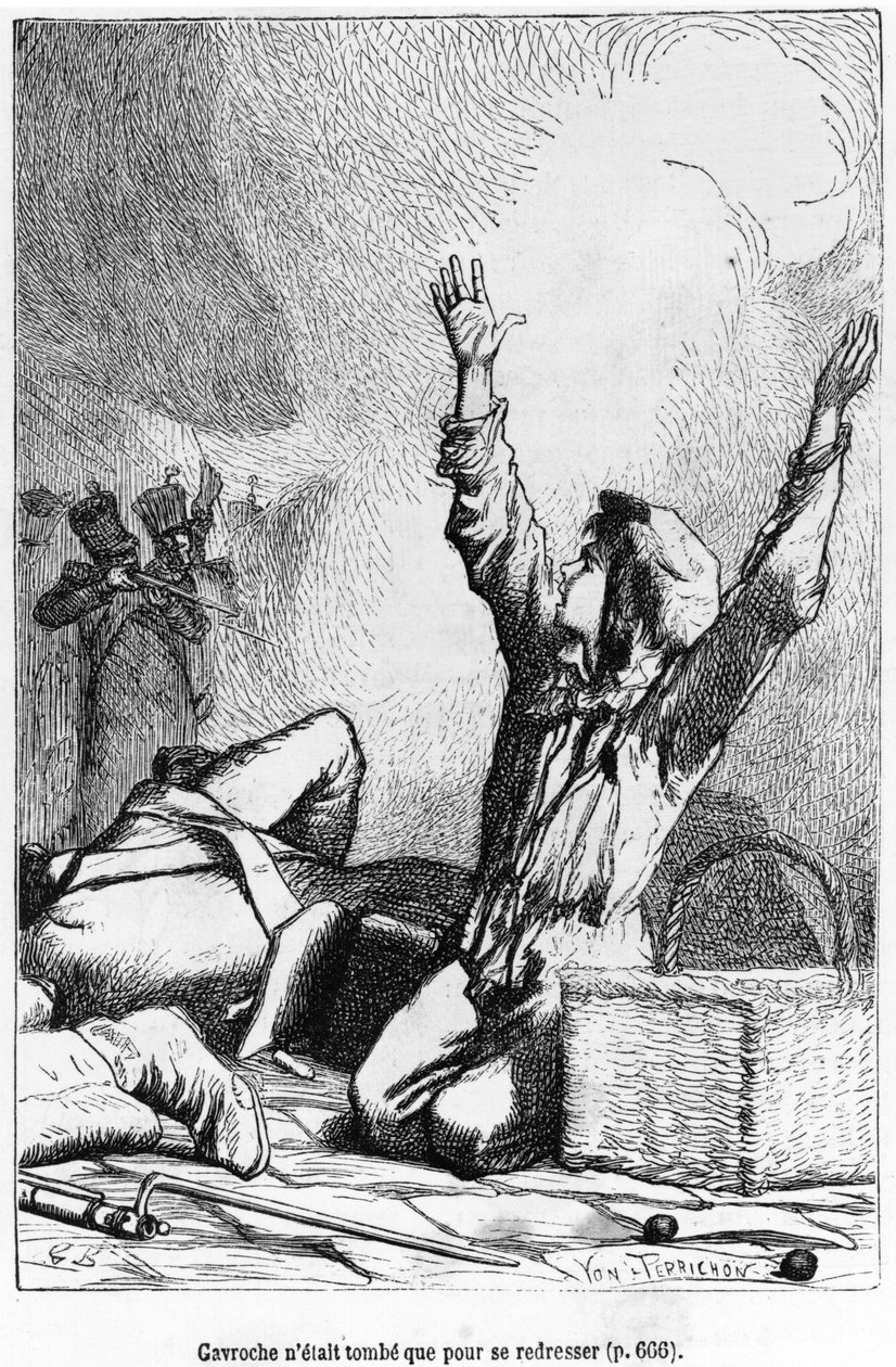 Gavroche upadł, by ponownie się podnieść, ilustracja z „Nędzników” Victora Hugo (1802-85) rytowana przez Julesa Leona Perrichona (1836-97) autorstwa Gustave Brion