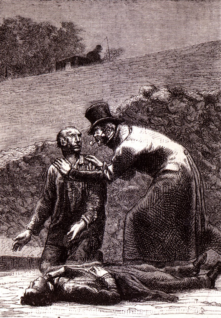 Javert rozpoznaje Valjeana - w „Les Misérables” Victora Hugo, chor. przez Briona, wyd. Hetzel i Lacroix autorstwa Gustave Brion