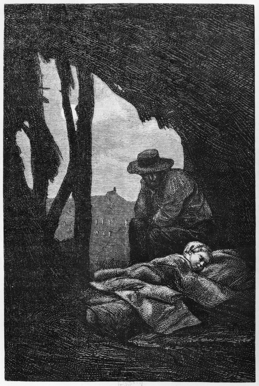 Jan Valjean czuwający nad śpiącą Cosette, ilustracja z „Les Miserables” Victora Hugo autorstwa Gustave Brion