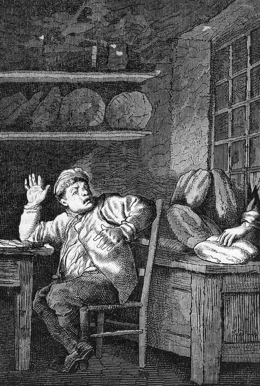 Le vol de Jean Valjean - w „”Les Miserables”” Victora Hugo, il. przez Briona, wyd. Hetzel i Lacroix autorstwa Gustave Brion