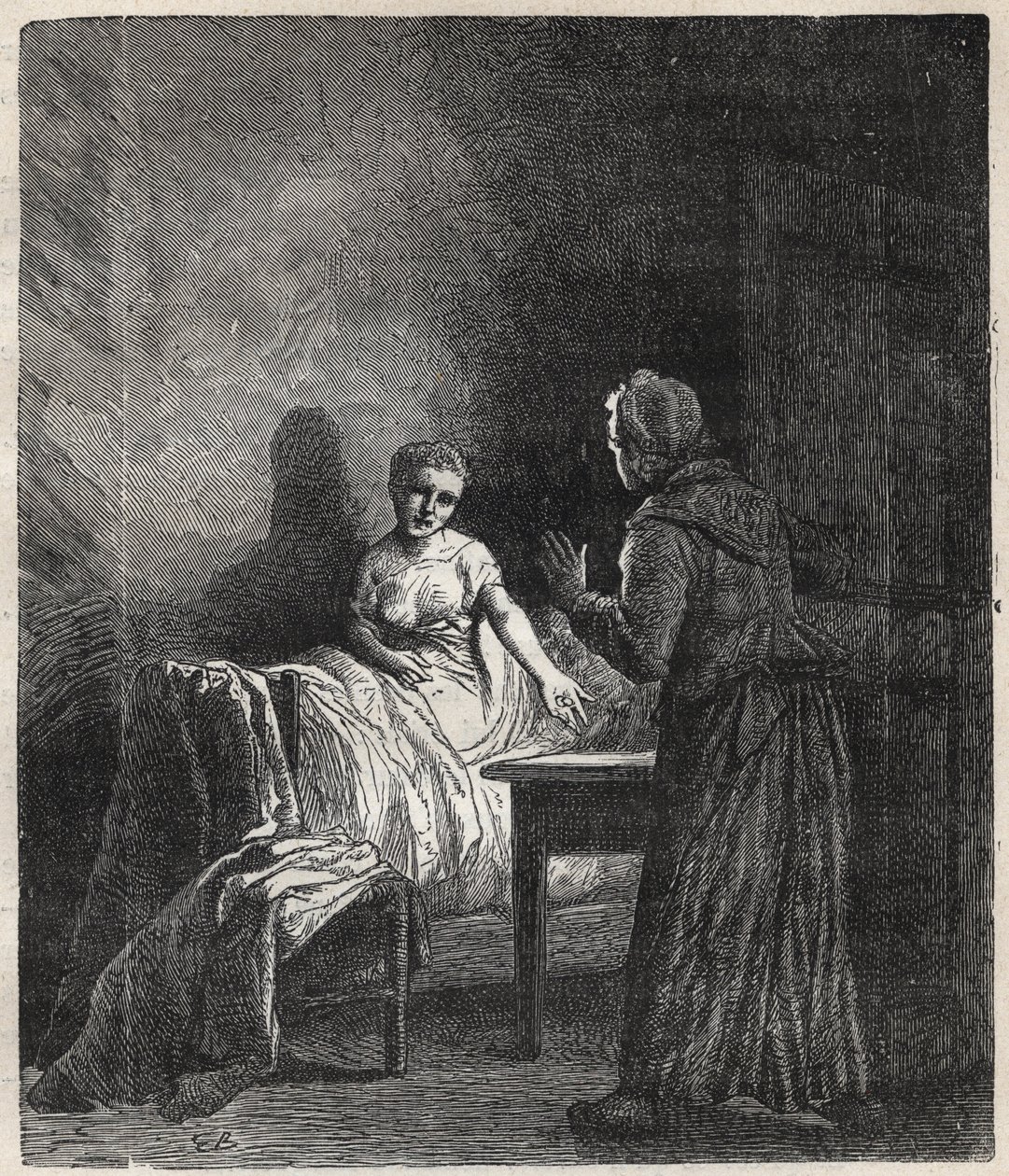 Marguerite wchodzi do pokoju Fantine, a Fantine pokazuje mu dwóch Napoleonów (moneta), którzy mogą uratować Cosette, jego córkę - Ilustracja Gustave