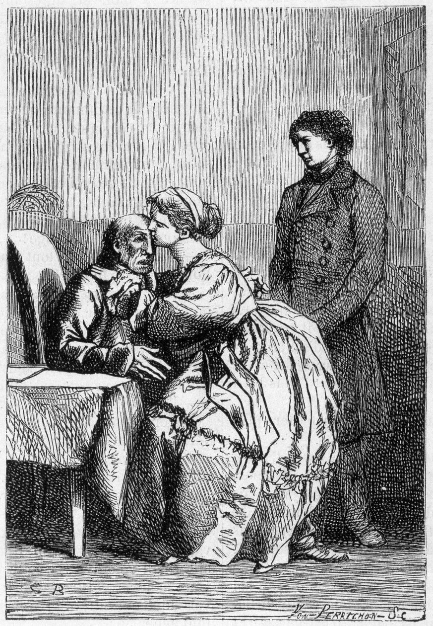Marius i Cosette odwiedzają chorego Jana Valjeana - w „Les Miserables” Victora Hugo, chorego. przez Briona, wyd. Hetzel i Lacroix autorstwa Gustave Brion