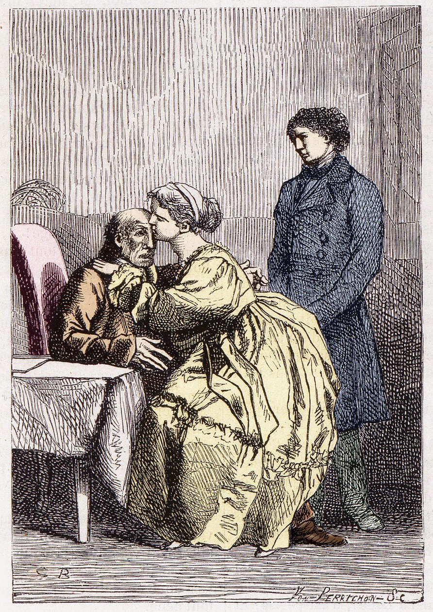 Marius i Cosette odwiedzają chorego Jana Valjeana - w „Les Misérables” Victora Hugo, ch. przez Briona, wyd. Hetzel i Lacroix autorstwa Gustave Brion