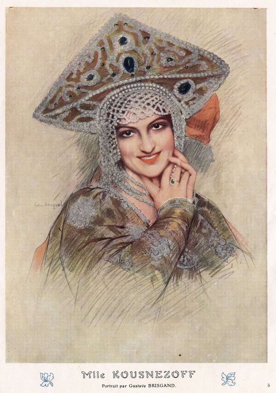 Portret Marii Nikołajewny Kuzniecowej (Marii Kuzniecowej) (1880-1966), słynnej XX-wiecznej rosyjskiej śpiewaczki i tancerki operowej w „Fantasio” początku XX wieku (rysunek) autorstwa Gustave Brisgand